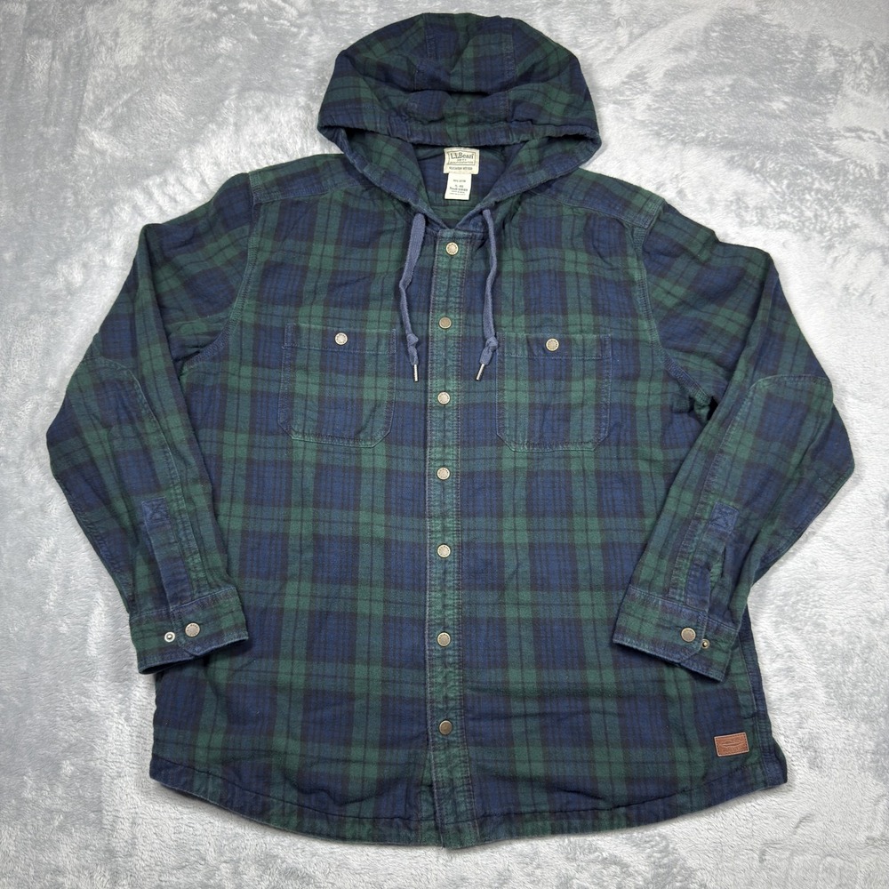 LL Bean Shirt Jacket Mens XL Green Blue Plaid Hooded Flannel Slightly Fitted